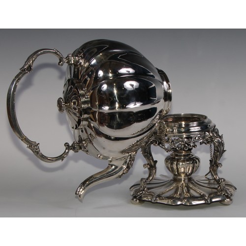 991 - A large early Victorian Rococo Revival silver melon shaped tea kettle, stand and burner, swing handl... 