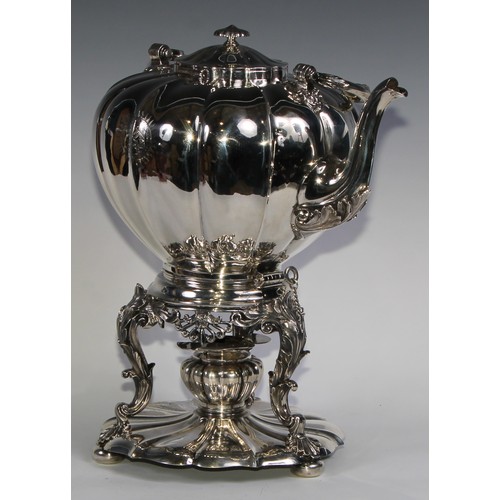 991 - A large early Victorian Rococo Revival silver melon shaped tea kettle, stand and burner, swing handl... 