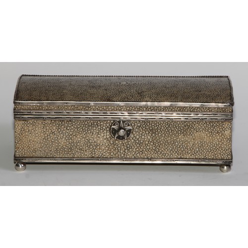 1213 - John Paul Cooper (1869 - 1933) - an Arts and Crafts silver mounted shagreen domed rectangular box, h... 