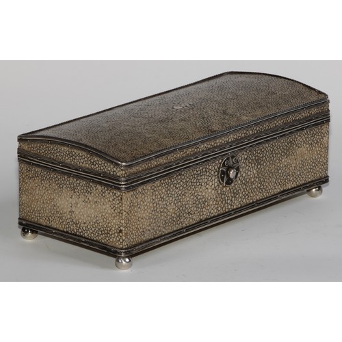 1213 - John Paul Cooper (1869 - 1933) - an Arts and Crafts silver mounted shagreen domed rectangular box, h... 