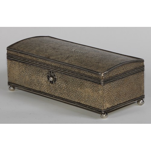 1213 - John Paul Cooper (1869 - 1933) - an Arts and Crafts silver mounted shagreen domed rectangular box, h... 