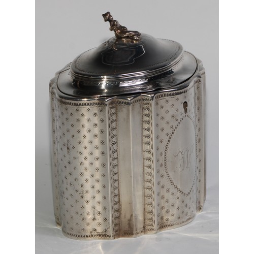 921 - A George III silver commode shaped tea caddy, hingedc domed cover with chinoiserie finial, bright-cu... 