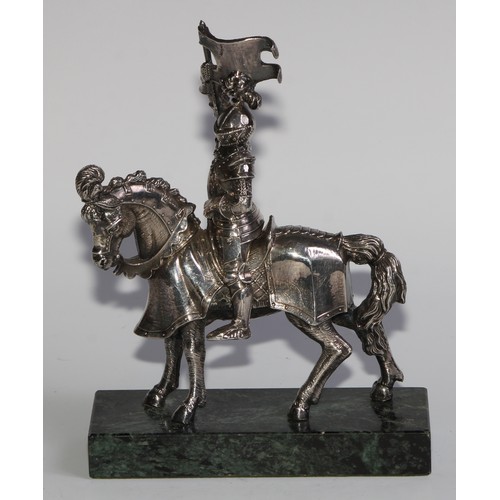 869 - A Continental filled silver model, of a knight on horseback, rectangular marble base, 20cm high