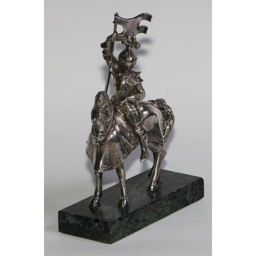 869 - A Continental filled silver model, of a knight on horseback, rectangular marble base, 20cm high