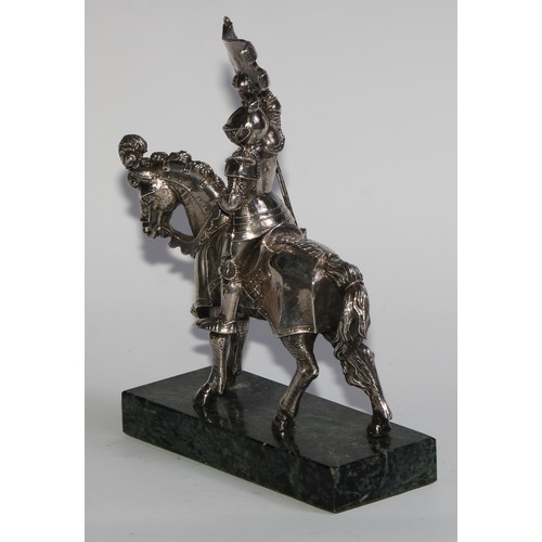 869 - A Continental filled silver model, of a knight on horseback, rectangular marble base, 20cm high