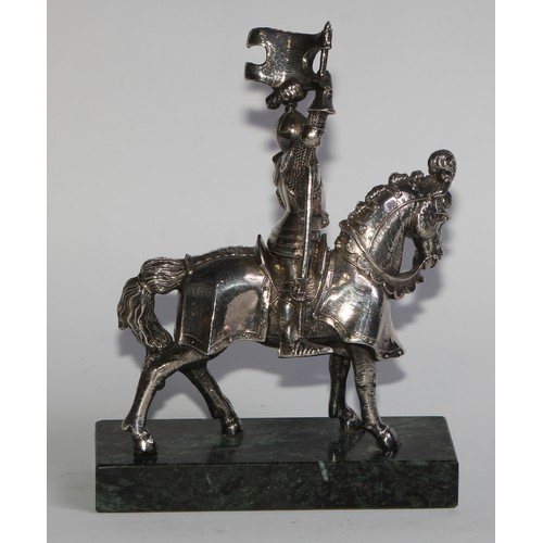 869 - A Continental filled silver model, of a knight on horseback, rectangular marble base, 20cm high