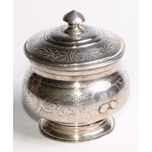 853 - A 19th century Russian silver circular pedestal tea caddy, chased and wrigglework engraved with flow... 