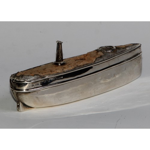 966 - A George V silver novelty pin cushion, as a ship, 12.5cm long, S Blanckensee & Sons Ltd, Birmingham ... 