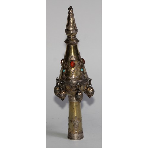 1215 - Judaica - a pair of Jewish silver-gilt rimonim Torah bells, applied with motifs and collet set with ... 