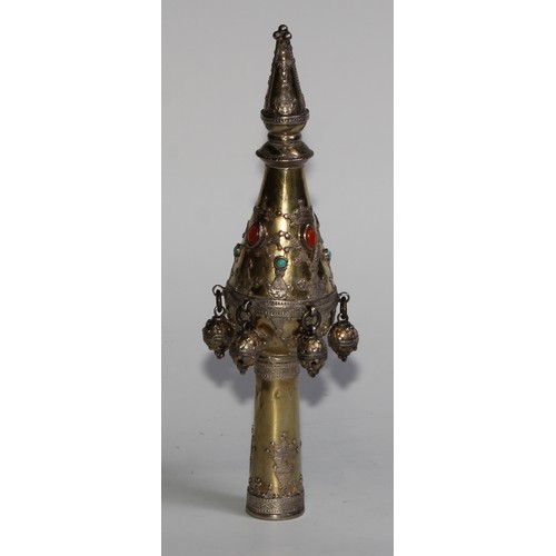 1215 - Judaica - a pair of Jewish silver-gilt rimonim Torah bells, applied with motifs and collet set with ... 