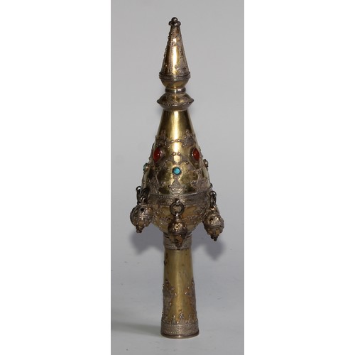 1215 - Judaica - a pair of Jewish silver-gilt rimonim Torah bells, applied with motifs and collet set with ... 