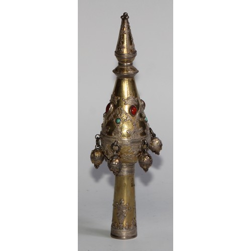 1215 - Judaica - a pair of Jewish silver-gilt rimonim Torah bells, applied with motifs and collet set with ... 