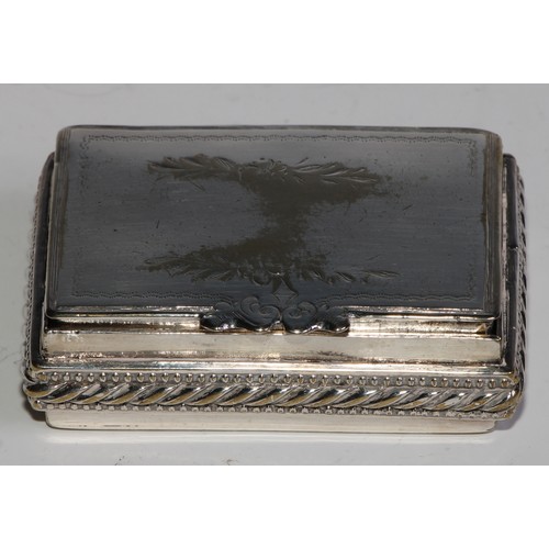 2168 - A 19th century silver plated rectangular snuff box, the base engraved with a harbour and a sailing s... 