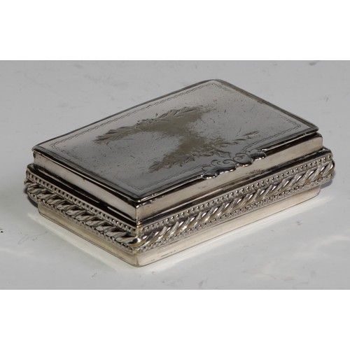 2168 - A 19th century silver plated rectangular snuff box, the base engraved with a harbour and a sailing s... 