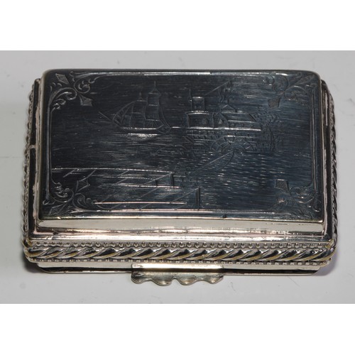 2168 - A 19th century silver plated rectangular snuff box, the base engraved with a harbour and a sailing s... 