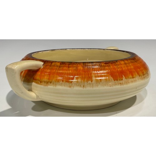 8 - A Clarice Cliff Bizarre Rodanthe pattern compressed circular ribbed two handled bowl, 25cm across ha... 