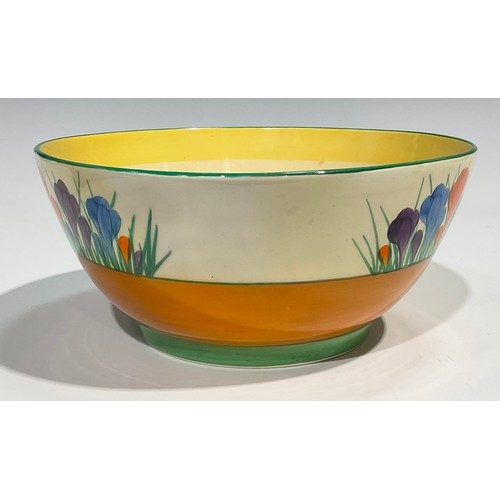 15 - A pair of Clarice Cliff Crocus pattern bowls, hand painted in bright colours, 22.5cm diameter, print... 