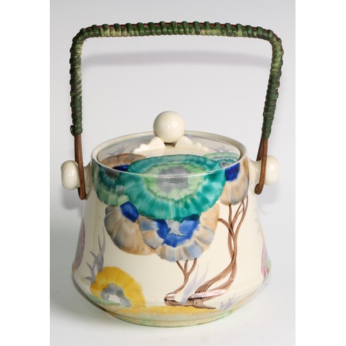 7 - A Clarice Cliff Bizarre Biscaria pattern biscuit barrel and cover, painted with green and blue trail... 