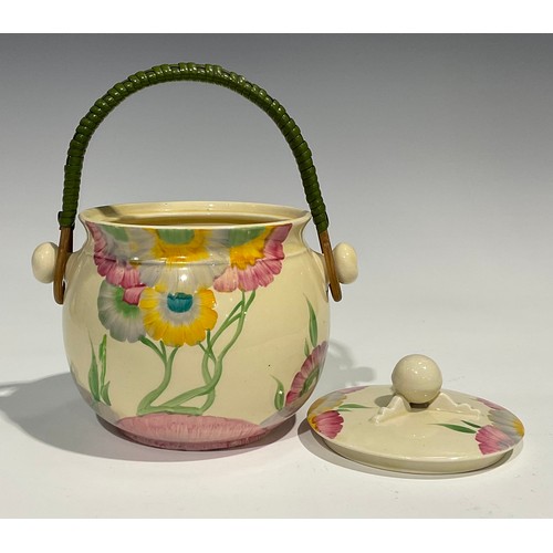6 - A Clarice Cliff Bizarre Pink Pearl pattern biscuit barrel and cover, hand painted with pink, yellow ... 