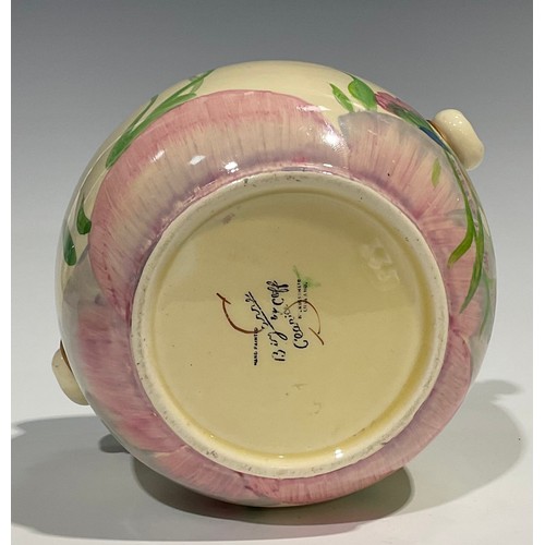 6 - A Clarice Cliff Bizarre Pink Pearl pattern biscuit barrel and cover, hand painted with pink, yellow ... 