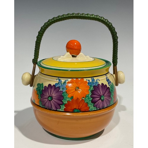 5 - A Clarice Cliff Bizarre Gayday pattern biscuit barrel and cover, painted with summer flowers, wicker... 