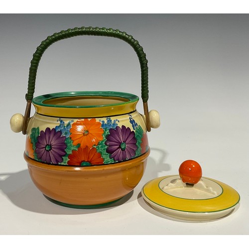 5 - A Clarice Cliff Bizarre Gayday pattern biscuit barrel and cover, painted with summer flowers, wicker... 