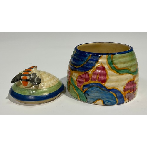 3 - A Clarice Cliff Bizarre Fantasque Blue Chintz pattern ribbed honey pot and cover, the moulded basket... 
