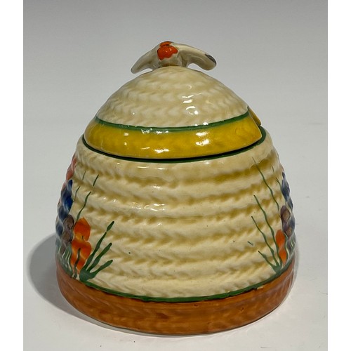 1 - A Clarice Cliff Bizarre Blue Crocus pattern ribbed honey pot and cover, the moulded basketweave cove... 