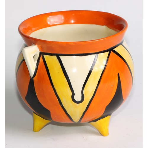 11 - A Clarice Cliff Bizarre Keyhole pattern two handled cauldron, painted with bold geometric shapes in ... 
