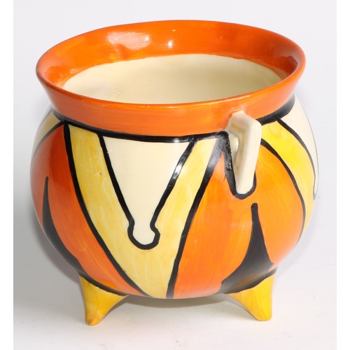 11 - A Clarice Cliff Bizarre Keyhole pattern two handled cauldron, painted with bold geometric shapes in ... 