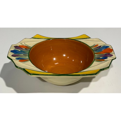 13 - A Clarice Cliff Crocus pattern two handled bowl, 17.5cm wide, printed Newport Pottery marks; a Crocu... 