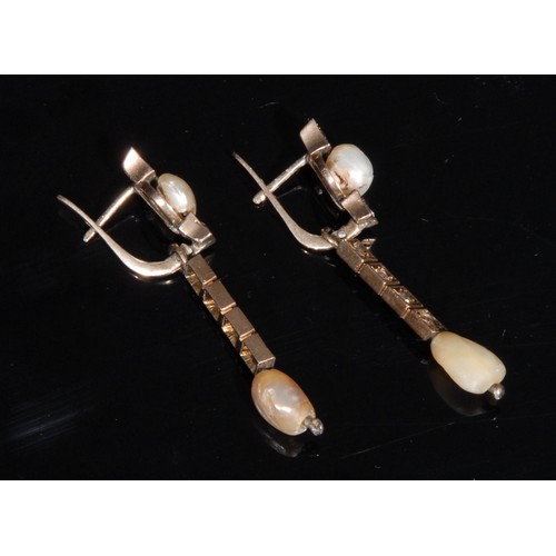 1438 - A pair of unmarked gold droplet earrings, set with pearls and old cut diamond chips, 8.3g