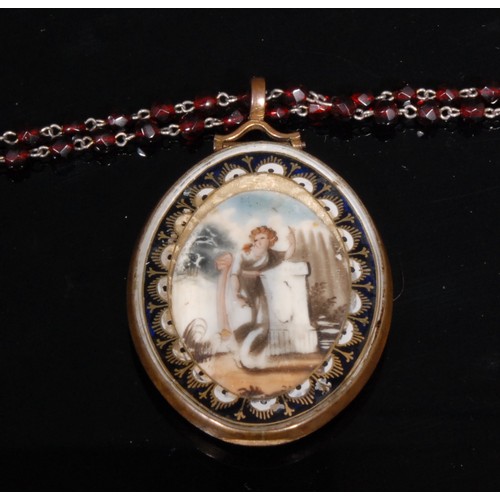 1399 - A late 18th/early 19th century mourning pendant, with blonde waxed hair, garnet rosary bead necklace