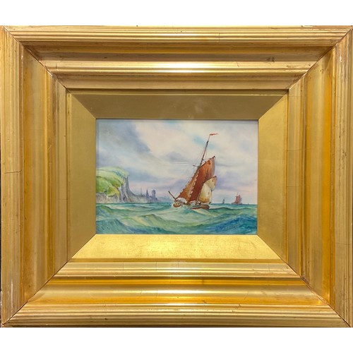 264 - A Royal Crown Derby rectangular plaque, painted by W.E.J. Dean, signed, Ship off the Coast, framed, ... 