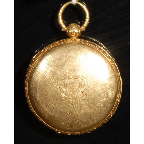 1303 - An 18ct gold open face pocket watch, by Charles Stunt, London, white enamel dial, Roman numerals, su... 