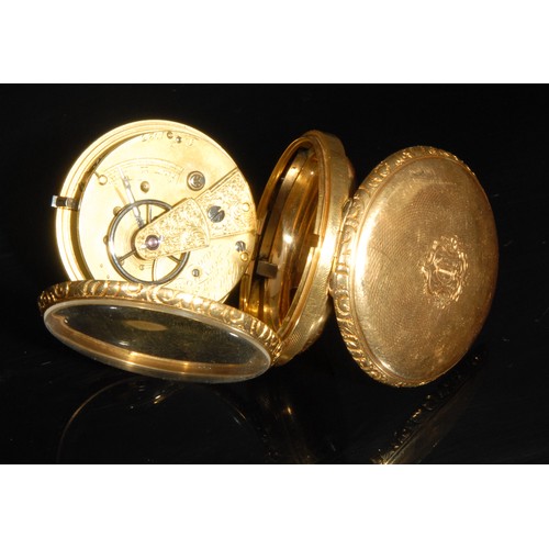 1303 - An 18ct gold open face pocket watch, by Charles Stunt, London, white enamel dial, Roman numerals, su... 