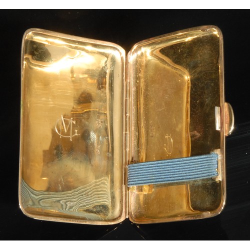 2145 - A 9ct gold curved rectangular cigarette case, engine turned in bands, 51g, 8.5cm high