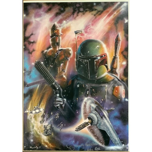 6379 - Sci- Fi Interest - Two Star Wars artworks by Scott Simmons depicting Boba Fett, signed by Jeremy Bul... 