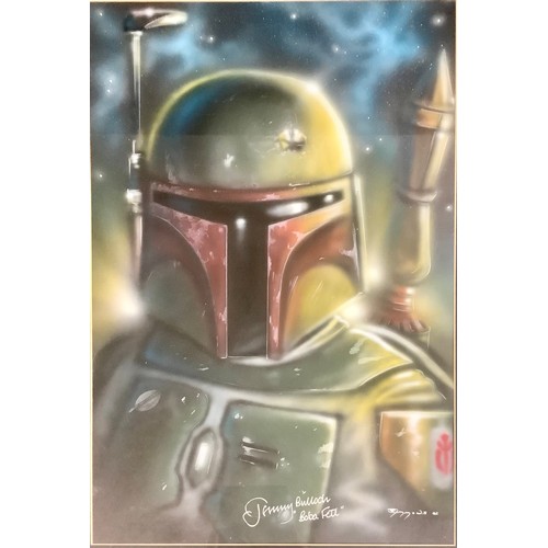 6379 - Sci- Fi Interest - Two Star Wars artworks by Scott Simmons depicting Boba Fett, signed by Jeremy Bul... 