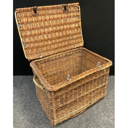 66 - A large metal bound wicker hamper basket, carrying handles to sides, 48cm high x 69cm x 50cm.