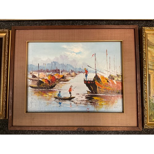 96 - Pictures - P. Parkin, Boat House, misty morning, signed, oil on board, 26cm x 34cm;  Parisian Street... 