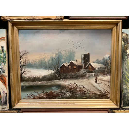 96 - Pictures - P. Parkin, Boat House, misty morning, signed, oil on board, 26cm x 34cm;  Parisian Street... 