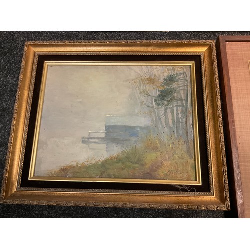 96 - Pictures - P. Parkin, Boat House, misty morning, signed, oil on board, 26cm x 34cm;  Parisian Street... 