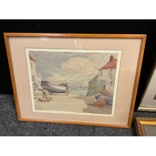 138 - Pictures - P. Parkin, Fisherman preparing his gear, signed, watercolour, 25cm x 32cm;  others by the... 