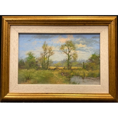 165 - James Wright, Fishing the South Norfolk Broads, near Wroxham, 17cm x 26cm ;  A Douglas, Trees, oil, ... 