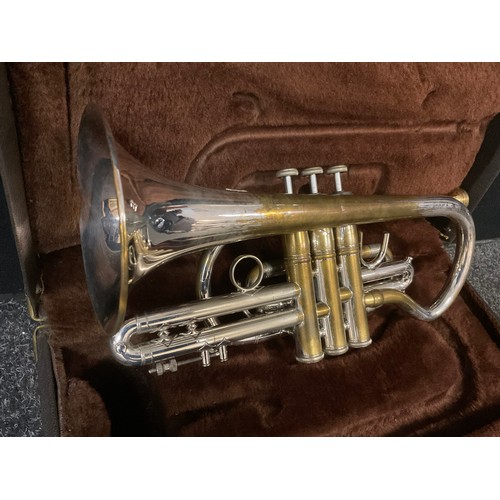 379 - A Vincent Bach Stradivarius model 184 silver plated cornet, Elkhart Industries, USA, ML 204279, mute... 