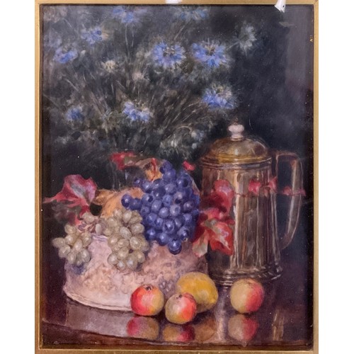 63 - Victorian school, miniature still life study - Fruit, Flowers, and a Silver Ewer, watercolour / Temp... 