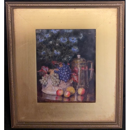 63 - Victorian school, miniature still life study - Fruit, Flowers, and a Silver Ewer, watercolour / Temp... 