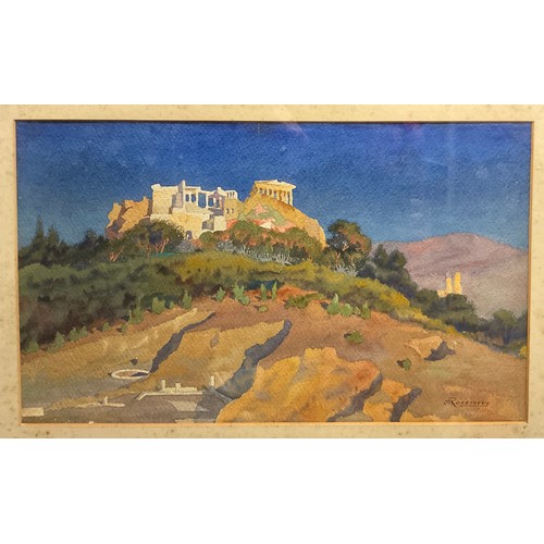 112 - J M Rossinsky (Russian, early 20th century), Grecian Ruins, signed, watercolour, 29cm x 48cm.