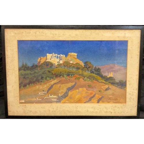 112 - J M Rossinsky (Russian, early 20th century), Grecian Ruins, signed, watercolour, 29cm x 48cm.